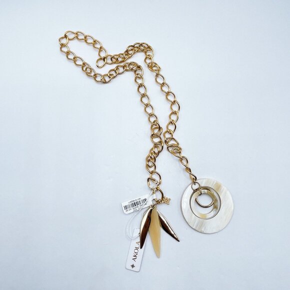 Akola Gold Chain Necklace With Mother-Of-Pearl Circle Pendant & Dangling Leaf Ch - Picture 2 of 8